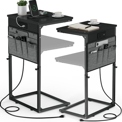 Vagusicc C-Shaped End Table Set of 2 with Charging Station, Small Side Table for Couch, Adjustable Height Couch Side Table, Slide Under Sofa Table TV Tray Tables for Living Room,Bedroom,Bedside, Black by Vagusicc