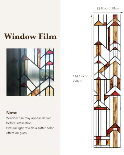 Original Hand Drawn Stained Glass Window Film Amber Geometry Patterns Inspired by Hollyhock House for Glass Window and Door, See Through 22.83"X114.17" - Image 3