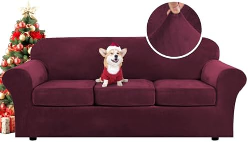 H.VERSAILTEX Modern Velvet Plush 4 Piece High Stretch Sofa Slipcover Sofa Cover Furniture Protector Form Fit Luxury Thick Velvet Sofa Cover for 3 Cushion Couch Width Up to 90 Inch(Sofa,Burgundy) by HVERSAILTEX