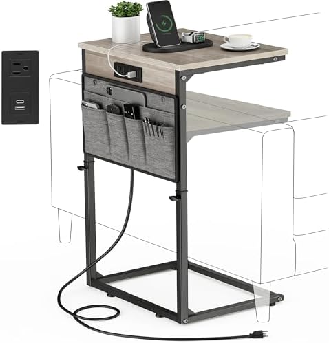 Vagusicc C-Shaped End Table with Charging Station, Small Side Table for Couch, 33" Tall C Table Adjustable Height Side Table, Couch Tables that Slide Under, Sofa Table TV Tray for Living Room,Gray by Vagusicc