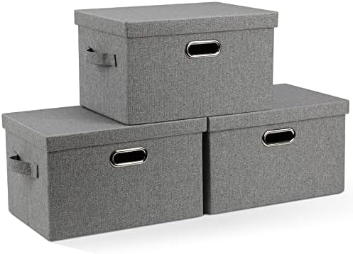 Graciadeco Medium 15" 21 Quart Collapsible Stackable Storage Bins with Lids, 3 Packs Grey Foldable Fabric Closet Boxes Heavy-duty Linen Cube Baskets Container for Bedroom Office (15 x 11 x 8) by GraciadecoStorage