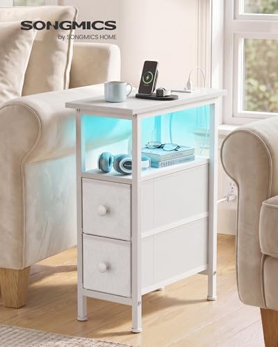 SONGMICS Side Table with LED Light, Narrow End Table with 2 Fabric Drawers - Image 3