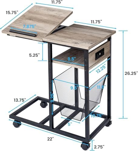 FLYJOE End Table C Shape with Charge Station, Tilting Top Side Table with Magazine Holder and Lockable Wheels, Easy Assembly for Living Room, Bedroom, Industrial Style, Grey - Image 2