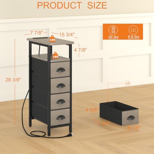 sthmec Side Table with Charging Station, Narrow End Table with 4 Drawers, Small Nightstands with Fabric Drawers,Slim Sofa Couch Side Tables for Small Spaces,Living Room,Bedroom, Grey - Image 3