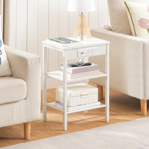 HOOBRO Side Table with Charging Station and USB Port, Small End Table for Small Space, 3-Tier Nightstand with Adjustable Shelf, for Living Room, Bedroom, White WW112BZ01 - Image 5