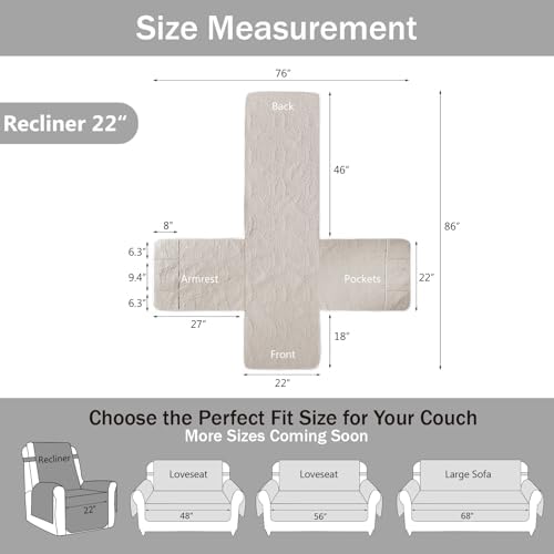 Beige Quilted Recliner Chair Covers, Water-Repellent Recliner Slipcovers, Lazy Boy Chair Covers, Pet Friendly Recliner Covers for Dog, Washable Armchair Protector (Recliner 22", Beige Cream) - Image 6