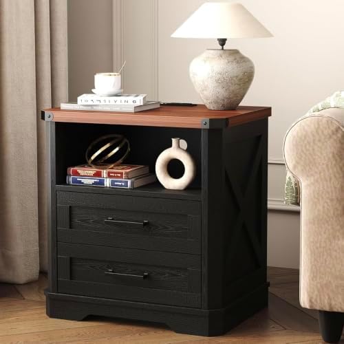Yusong 23.62" Tall Farmhouse Nightstand, Rustic Wooden Night Stand with Charging Station, Beside Table with Drawers and Open Storage, End Tables for Bedroom, Black by Yusong