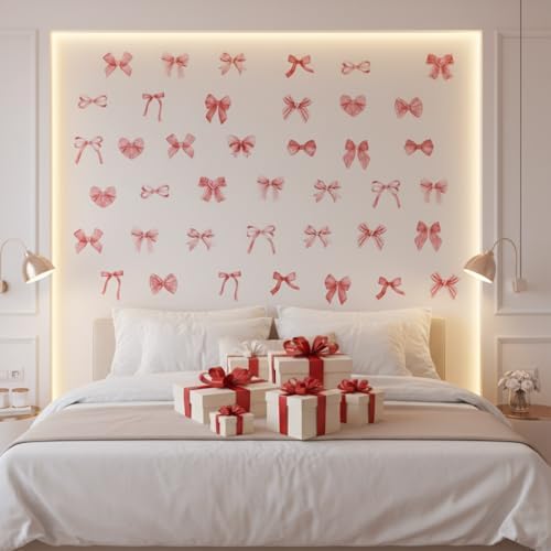 60Pcs Watercolor Bowtie Wall Stickers - Coquette Aesthetic Vinyl Decals for Room Decor in Light Pink, Sky Blue, Mint Green, Lavender Peel and Stick Nursery, Bedroom, Kindergarten Wall Art (Red) - Image 4