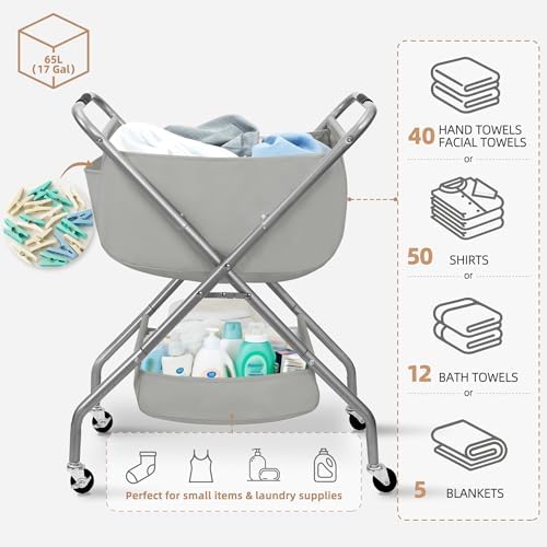 STORAGE MANIAC Collapsible Laundry Cart with Wheels 31.5"H Rolling Laundry Hamper Clothes Basket with Wheels, Canvas Liner Sturdy Steel Frame Folding for Small Narrow Space Easy Storage, Grey - Image 4