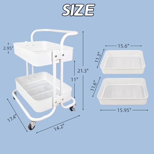 2 Tier Cart with Wheels Under Desk Storage with Handle, Metal Rolling Pantry Cart for Kitchen White Small Rolling Basket for Laundry Room Bathroom, Utility Shelf Organizer for Small Space - Image 4