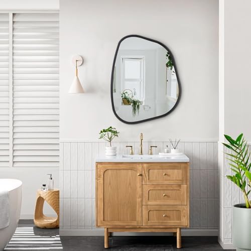 Black Asymmetrical Wall Mirror Large 20"x16" Irregular Oval Mirror Modern Wood Frame Unique Shape Wall Mounted Vanity Artistic Mirrors Decorative for Living Room Bedroom Bathroom Hallway - Image 6