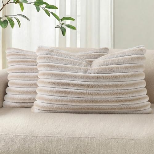 Pallene Faux Fur Decorative Throw Pillow Covers 12x20 Set of 2, Ombre Beige by PALLENE