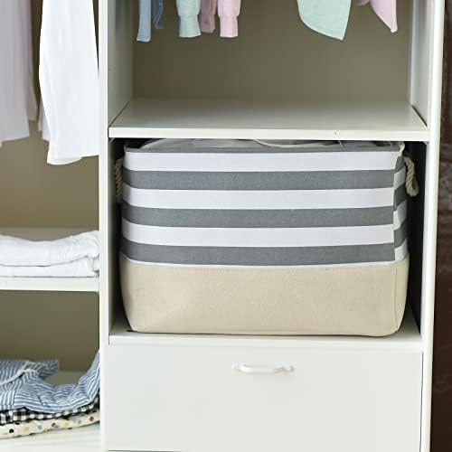 TheWarmHome Jumbo Storage Bins Baskets, Sturdy Fabric Organizing Basket W/Handles, Decorative Foldable Storage Baskets for Shelves Closet Nursery Toy (Grey&White Stripes 3 Pack, 20.5Lx15.7Wx13.8H in) - Image 6