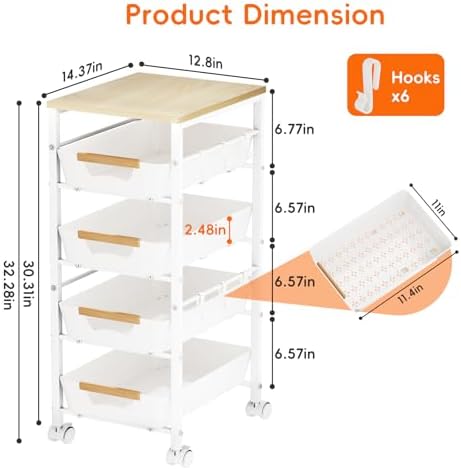 5-Tier Kitchen Storage Cart, Wood Top Rolling Cart Organizer with Pull-Out Baskets & Wheels, Metal Snack Cart with Holder for Fruit, Vegetable, Microwave, Kitchen, Pantry, White - Image 5
