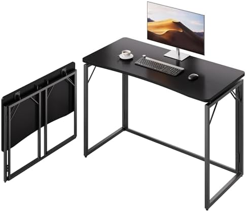 JOYMOOP 40" Black Folding Desk, No Assembly, Wooden Top, Middle Size by JOYMOOP