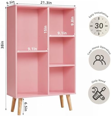 YAHARBO Small Light Pink Bookshelf,3 Tier Modern Kids Bookcase with Legs,5 Cube Wooden Bookshelves Storage Shelf,Book Shelves Organizer,Display Bookcases Cabinet for Room Nursery Study - Image 2
