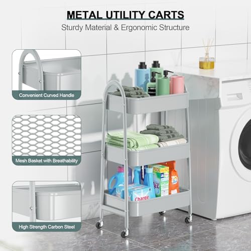 EAGMAK 3 Tier Utility Rolling Cart, Metal Storage Cart with Handle and Lockable Wheels, Multifunctional Storage Organizer Trolley with Mesh Baskets for Kitchen, Living Room, Office, Garage (Grey) - Image 2