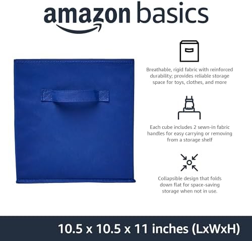 Amazon Basics Collapsible Fabric Storage Bins with Handles, Cube Organizer for Home Organization, 10.5"x10.5"x11", Navy, 6-Pack - Image 2
