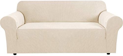 H.VERSAILTEX Stretch Sofa Covers for 3 Cushion Couch Covers Sofa Slipcovers for Living Room Feature Thick Checked Jacquard Fabric with Elastic Bottom, Sofa Large - Natural by HVERSAILTEX