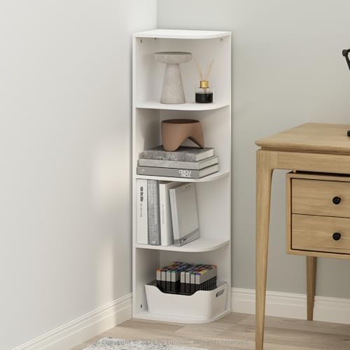 Furinno Reed Corner Shelf, 4-Tier Corner Bookshelf, Book Shelf, Corner Shelves, Storage Rack, for Organization and Storage, Home Office, Living Room, White by Furinno-FitsYourSpaceFitsYourBudget