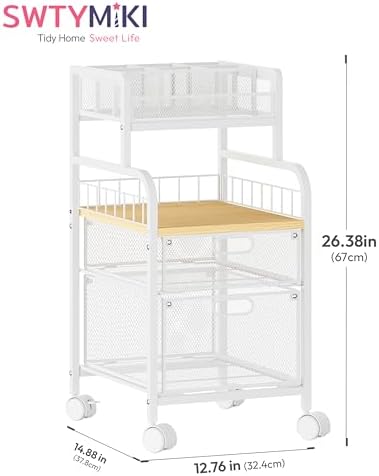 SWTYMIKI Rolling Cart with Drawers - Metal Craft Cart with Wheels, DIY Divider and Wood Shelf, Art Supply Organizer for Under Desk Storage, Utility Storage Cart for Home Office Studio, White - Image 3