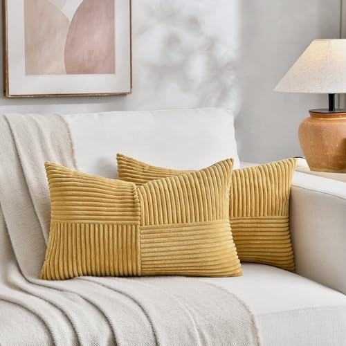 Fancy Homi 2 Packs Mustard Yellow Lumbar Decorative Throw Pillow Covers 14x24 Inch for Couch Bed, Rustic Farmhouse Boho Home Decor, Soft Striped Corduroy Rectangle Accent Cushion Case - Image 6