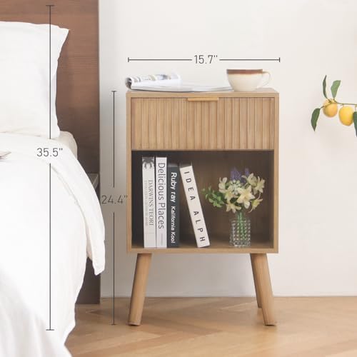 Fultyle Fluted Night Stand, Modern Bedside Table with Drawer and Open Shelf - Image 3
