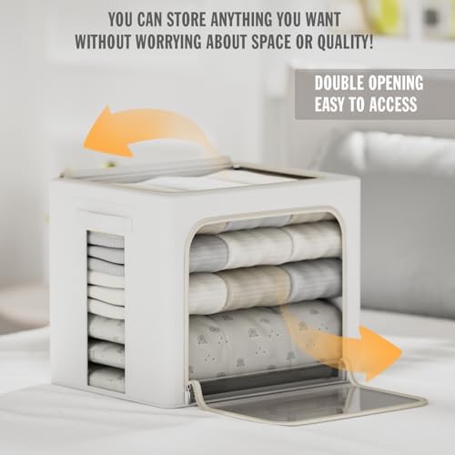 FHSQX 2 Pack Clear Window Storage Bins Large Stackable Linen Fabric Storage for Clothes Foldable Container Organizer Set with Carrying Handles (Lvory White, 15.7x 11.8x 7.8Inch) - Image 3