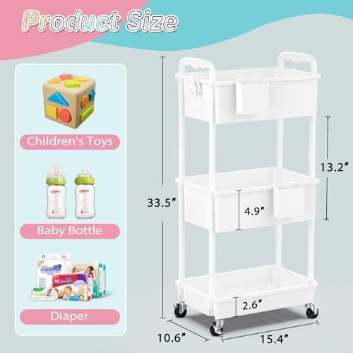 SUNALLY Baby Diaper Caddy Cart,3 Tier Rolling Diaper Cart for Nursery,White - Image 2