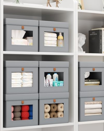 Homsorout Storage Bins with Lid – Closet Organizer with Side Opening and Clear Window, Foldable Stackable Fabric Basket for Clothes, Home, Office - 13.77" x 11.8" x 9.8", 3 Pack, Grey - Image 6