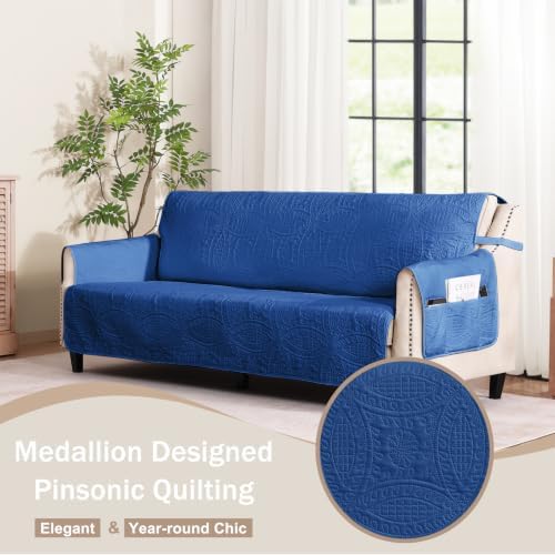 Soft Quilted Couch Cover with Pockets for Extra-Large Sofa, Anti-Slip Sofa Covers Washable for 3 Cushion Pet Friendly, Oversized Sofa Cover Water-Repellent (X-Large Sofa 78", Blue) - Image 2