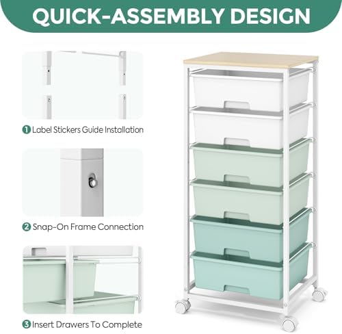 6 Drawer Rolling Storage Cart with Wooden Top and Wheels for Crafts,Green - Image 6