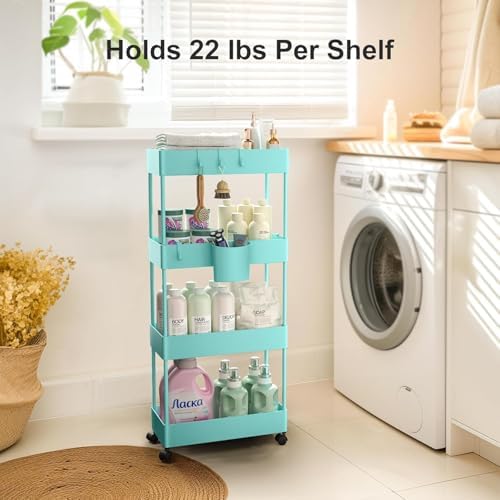 Pipishell 4 Tier Slim Storage Cart with Wheels, Laundry Cart, Turquoise - Image 4