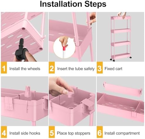 SPACELEAD Slim Storage Cart 4 Tier,Bathroom Organizer Rolling Utility,Mobile Shelving Unit Slide Out for Office, Kitchen, Laundry Room & Narrow Places,Pink - Image 2