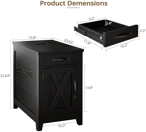IRONCK End Table with Charging Station, Narrow Side Table, Black - Image 3