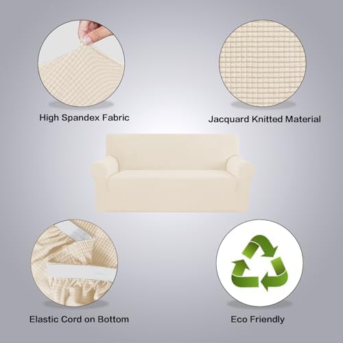 H.VERSAILTEX Stretch Couch Covers for Sofa 1 Piece Slipcovers for Couches and Sofas 3 Seater Couch Cover Feature Thick Checked Jacquard Fabric with Elastic Bottom, 72"-88" Wide, Cream - Image 6