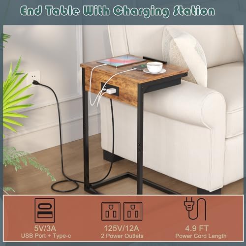 sthmec C Shaped End Table with Charging Station,45° Tiltable Adjustable Flip Top Side Table Set of 2,Small C Table Set 2 for Small Spaces,Slide Under Couch Sofa Bedside Table Living Room,Rustic Brown - Image 5