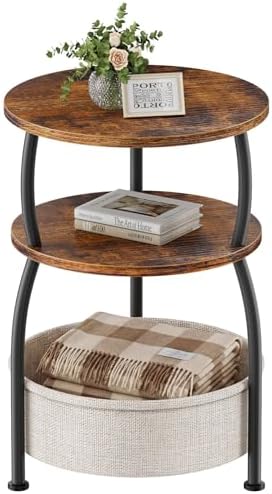 Round Side Table with Storage Basket for Living Room Rustic Brown by designyourhome