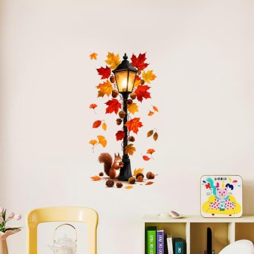 Autumn Lantern Squirrel Wall Decals Peel and Stick Fall Wall Stickers, Woodland Animal Removable Vinyl Wall Decor, Rustic Nature Wall Art for Bedroom Living Room Nursery Farmhouse Home Decorations by ANNAQUEEN