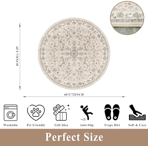 Round Kitchen Rugs 6ft Washable: Non-Slip Soft Low Pile Circle Area Rug for Under Table Living Room Dining Room Bedroom – Boho Floral Circular Floor Indoor Carpet (Beige,6x6) - Image 2