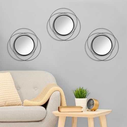 Black 3 Pcs Decorative Wall Mirror Circle Modern Mirror Round Art Ring Metal Mirrors Wall Decor Wall Mounted Mirror for Living Room Bedroom Dining Room Hallway Entryway 12" - Image 3