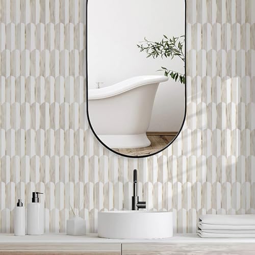 Vamos Tile Peel and Stick Backsplash Seamless Tile for Kitchen and Bathroom,White and Glossy Wooden Marble PVC Mixed Light Gold Self Adhesive Fish Scale Metal Mosaic Tiles (10 Sheets) - Image 5