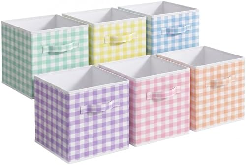 Yalikop 6 Pcs Colorful Gingham Cube Storage Bins, 11 Inch Fabric Checkered Classroom Storage Bins Organizer with Handle Preppy Collapsible Cubby Basket for Classroom Home Nursery Playroom Bedroom by Yalikop