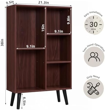 YAHARBO Small Walnut Narrow Bookshelf,5 Tier Modern Bookcase with Legs,Bookshelves Wood Storage Shelf,Rustic Book Shelves Cube Organizer,Display Bookcase - Image 2