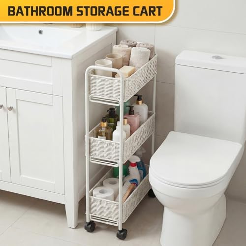 FOCHIER F Utility Slim Storage Cart,3-Tier Rolling Kitchen Office Laundry Room Cart,Mobile Shelving Unit Organizer for Living Room Bathroom Baby Diaper Narrow Places (White, UC-White-7.1inch) - Image 5