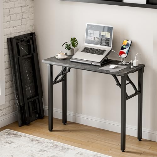 Frylr Small Folding Computer Desk – 35.8 Inch Portable Table for Craft and Study, Lightweight Desk for Small Spaces, Foldable Laptop Table Built-in AC/USB Outlets for Convenience, Marble Greige by Frylr