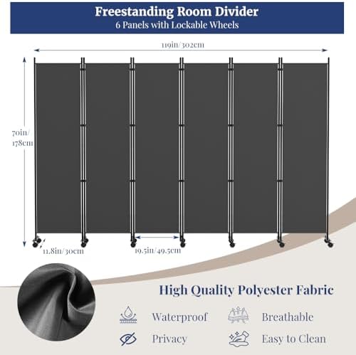 Kokorona 6 Panel Room Divider, 6FT Tall Rolling Privacy Screen with Lockable Wheels, Folding Wall Dividers Portable Room Divider for Room Separation, Included - Cover Strips, Grey, 119''W x 70''H - Image 2