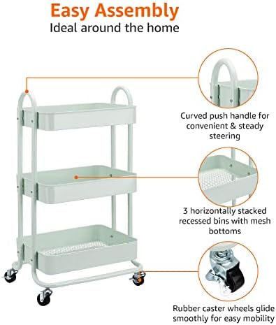 Amazon Basics 3-Tier Metal Rolling Utility Cart, Storage Organizer, Multi-Functional Kitchen Island Cart, Portable Shelving Unit with Caster Wheels, Mint Green - Image 4