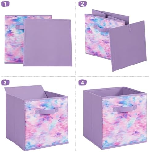 Stero Fabric Storage Cubes, 6 Pack Foldable Storage Bins with Handle, 11 Inch Box for Shelves, Closet, Organizer, Tie-dye Purple - Image 3