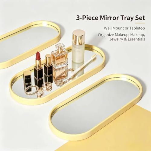 3 pcs Wall Mirrors and Tray Décor Set, Cute Vanity Mirrors with Gold Frame, Bathroom Decor for Bedroom, Entryway, Living Room Farmhouse Decor (12”x4,7”) - Image 6